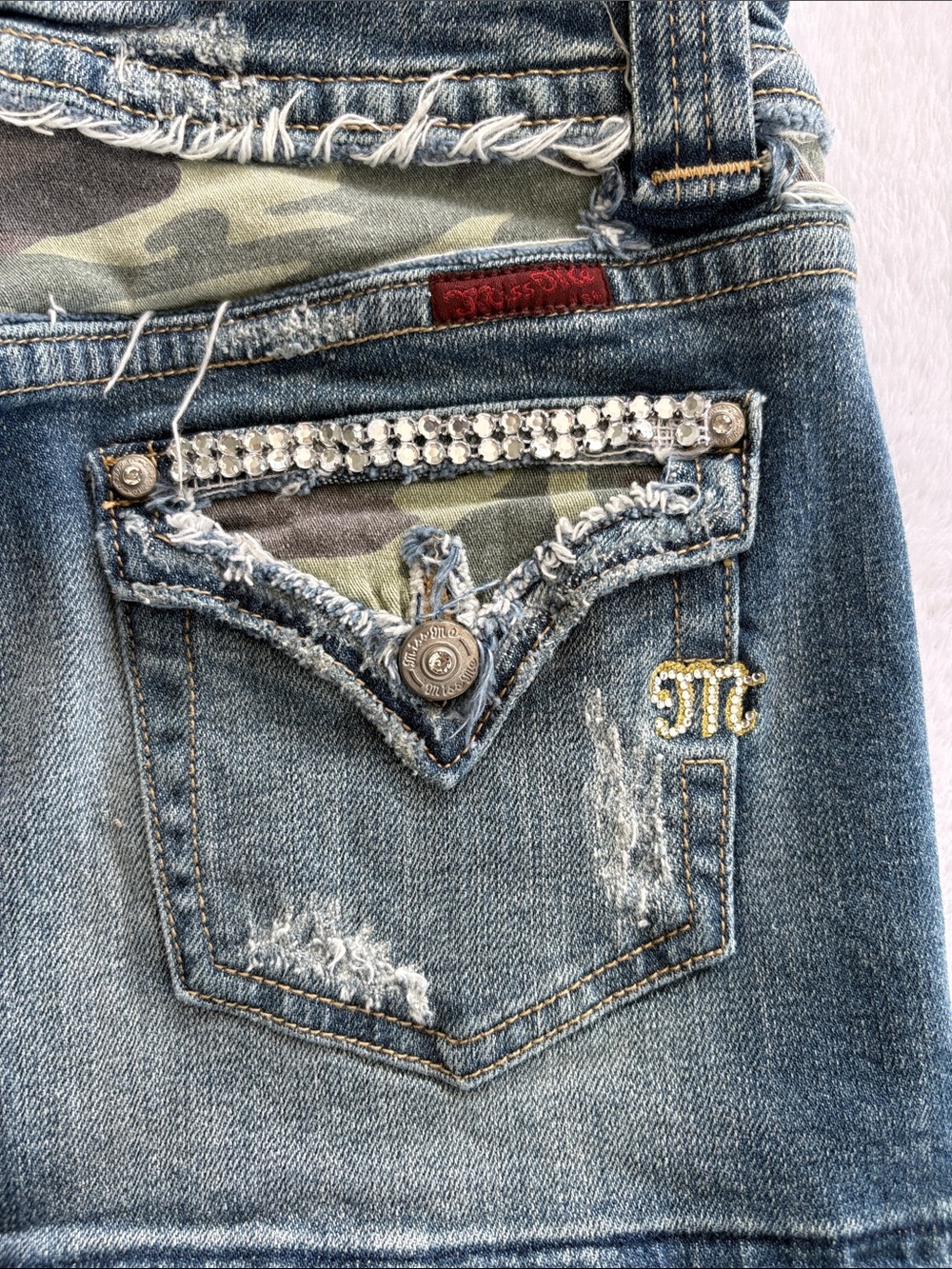 Miss me size medium y2k camo gem Dark Blue Distressed Denim Mini Skirt - Picture 11 of 12